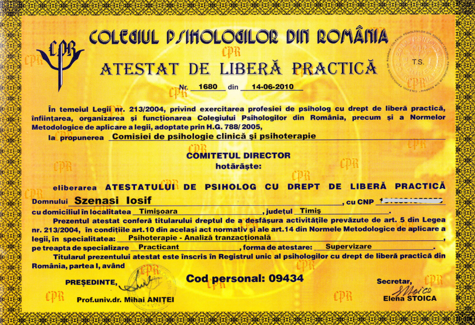 Atestat de liberă practică eliberat de Colegiul Psihologilor - Analiză tranzacțională