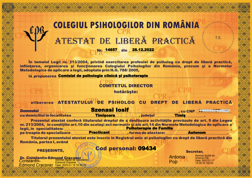 Atestat de liberă practică eliberat de Colegiul Psihologilor